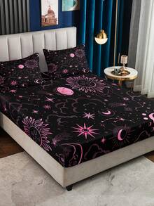 3pcs Galaxy & Cosmos Themed Bedding Set (1 Fitted Sheet + 2 Pillowcases, Pillow Not Included), Ultra-Soft Microfiber Fabric, Suitable For All Seasons, Mysterious Starry Sky Decor