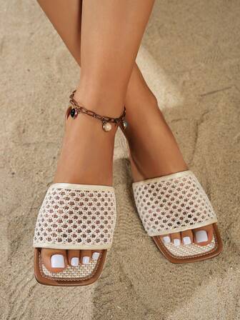 Women's Summer New Beige Fishnet Hollow Out Design Luxe Fashion Versatile Slip-On Sandals, Outer Wear Beach Holiday Recommended, Vintage Boho Flat Sandals