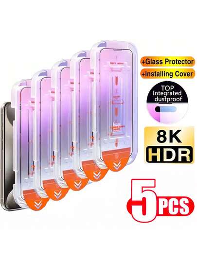 5 片装钢化玻璃屏幕保护膜适用于 11/12/13/14/15/16e/16 Plus Pro Max X XR XS MAX，光面高清全覆盖，轻松一键粘贴，无尘贴膜器防水防震防摔防刮防指纹