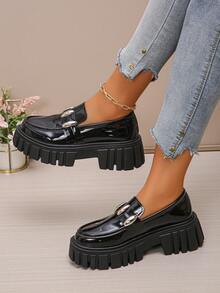 Zapatos de Mujer Mocasines de Estilo Preppy - Temporada 2025, Diseño de Punta Redonda, Suela Gruesa Antideslizante, unicolor, Sin Tratamiento y de Piel Sintética con Hebilla Slip-On - Negro - Ver 2
