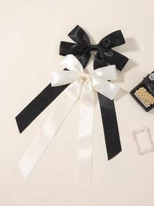 2pcs Plain Bowknot Hairclips, Versatile Hair Accessory For Back To School - Black and White - View 2