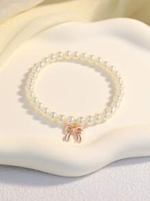 1 pieza Elegante y de moda brazalete con lazo con perla artificial en forma de corazón, adecuado para uso diario o boda