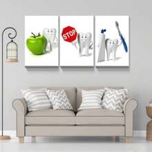 Set 3 dinți Zâmbet și îngrijire dentară Clean Bacteria Wall Art Canvas Painting Poster cu cadru pentru living modern, baie, dormitor, hotel, pensiune, coridor, studio, clasă, cameră pentru copii, clinică stomatologică, spital, cămin, birou de acasă Decor gata de agățat