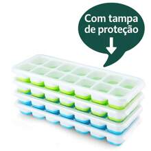 KIT Forma De Gelo Forminha Para Fazer Gelo de Silicone Com Tampa 14 Gelos
