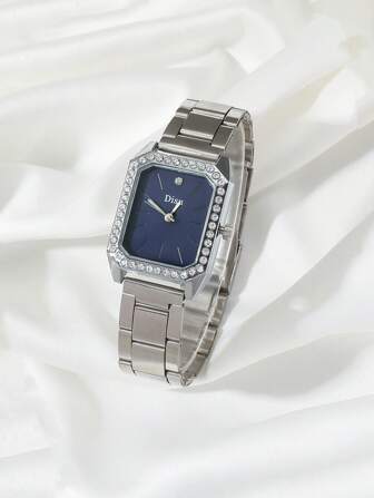 DISU Reloj de cuarzo de mujer estilo clásico plateado y de negocios con correa de acero inoxidable y decoración de diamantes de imitación como regalo para estudiantes que regresan a la escuela