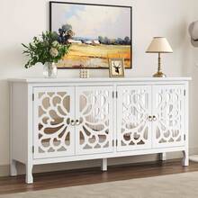 Buffet Cabinet With Mirror Butterfly Carved Door, 63'' Sideboard Cabinet With Adjustable Shelves, Modern Accent Credenza Media Console For Entryway, Living Room, Kitchen, Satin White - 緞白 - 查看 5