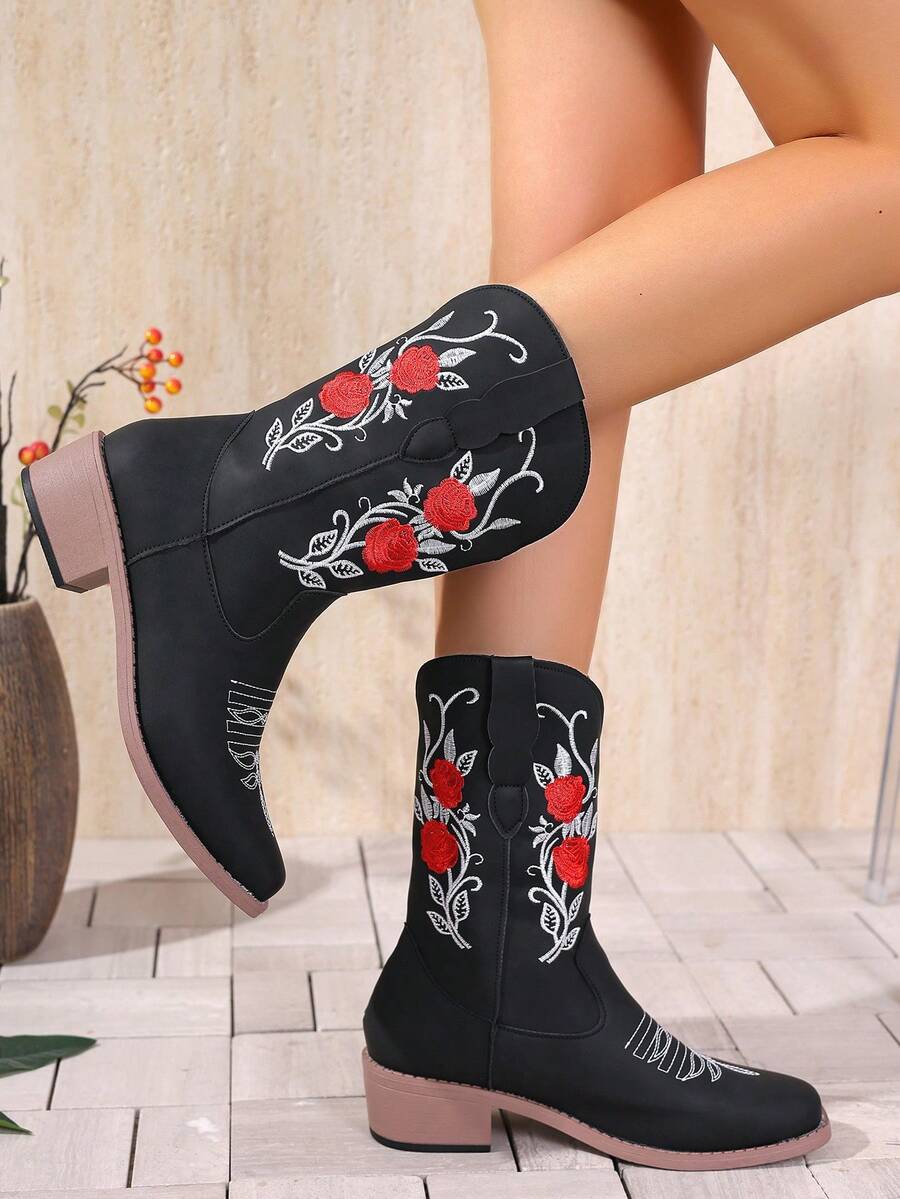 Women 2025 New Mid-Calf Boots, V-Shape Floral, Geometric, Tropical Floral, Small Ditsy Ditsy Floral, Vintage Sexy Casual Elegant Western Style Outdoor Polyester Embroidery Fashion Boots, Suitable For Wedding Party Office Outdoor Spring Summer Autumn Winter - Black - View 1
