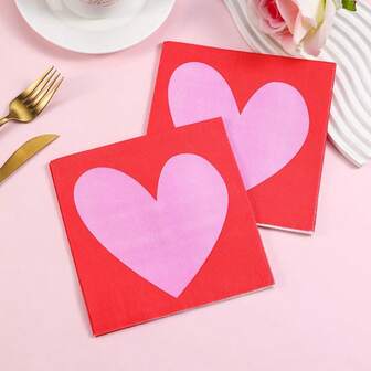20张红色爱心图案派对餐巾纸，婚礼情人节装饰纸巾，适用于餐厅和酒店