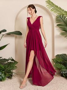 Asymmetrical Ruched Chiffon Elegant Bridesmaid Dress - Red Violet - View 4