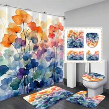 1/4pcs Floral & Leaf Print Shower Curtain - Durable Polyester, Machine Washable, Includes Hooks - Suitable For All Seasonsbathroom Decor Summer - Multicolor - View 9