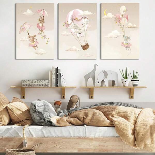 Conjunto de 3 arte de pared enmarcado con lindos animales - Conejo, cisne y ratón en lienzo, junto con impresiones de póster de dibujos animados con globo aerostático rosa, adecuado para dormitorio de niñas, sala de estar, baño, hotel, B&B, apartamento, habitación infantil, guardería, salón de clases, estudio, villa, galería, decoración de oficina en el hogar, listo para colgar.