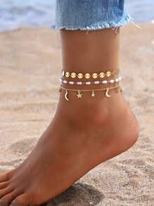 3pcs/Set Elegant Personalized Faux Pearl, Moon, Star Zirconia Stone Tassel Anklet, Suitable For Beach, Vacation, Travel, Gift For Family And Friends