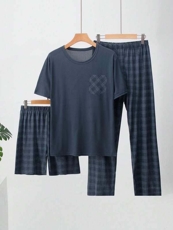 3pcs/Set Men's Summer Lightweight Pajama Set, Short Sleeve Tee And Shorts/Long Pants, Plaid Loungewear Set