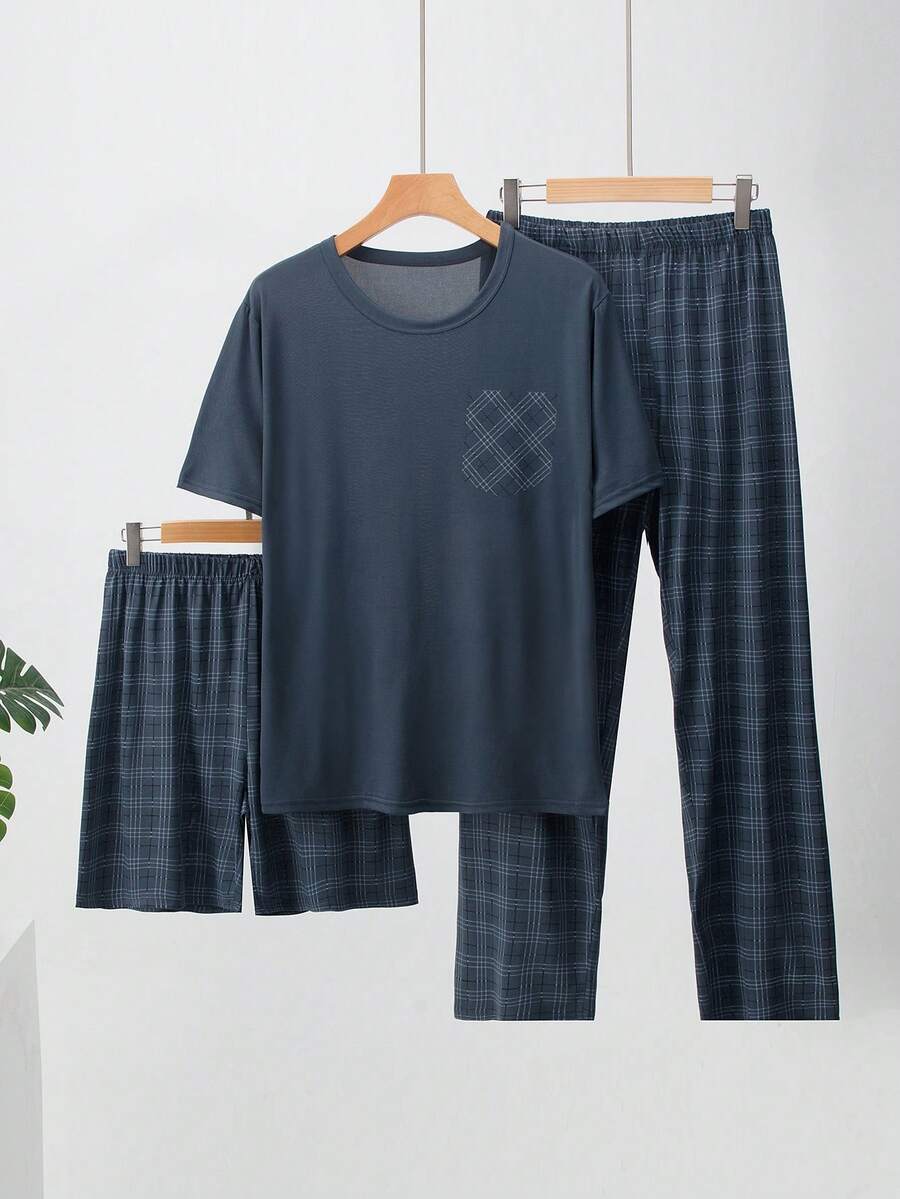 3pcs/Set Men's Summer Lightweight Pajama Set, Short Sleeve Tee And Shorts/Long Pants, Plaid Loungewear Set - Dark Grey - View 1
