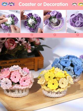 1 套初学者钩针编织套件 - 4 件杯垫花盆钩针编织套件杯垫钩针编织入门套件，含钩针纱线、钩针、简易视频教程，可用于办公室、咖啡桌、家居装饰