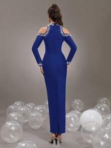 Elegant Black High Neck Off-Shoulder Long Dress, Featuring Pearl And Rhinestone Embellished Sleeves, Fitted Design, Suitable For Party, Wedding Guest Wear - Navy Blue - View 4