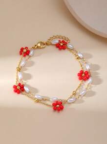 1 Peça Pulseira de Camadas Minimalista e Elegante de Contas de Flor Entrelaçadas em Aço Inoxidável para Mulheres, Adequada para Encontros, Festas e Uso no Escritório