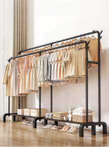 1PC Freestanding Hanger Double Pole Multi-Functional Bedroom Clothing Rack,Metal Clothes Hanger Organizer And Black Clothes Stand With Wheels