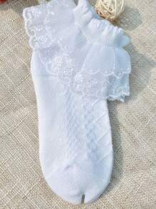 1 Pair Girls Thin White Double Lace Trim Princess Style Socks, Suitable For Daily Wear And Dancing, Summer