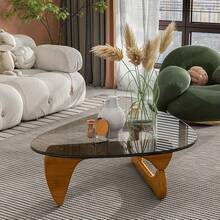Living Room Coffee Table - A Triangular Glass Coffee Table With A Wooden Base. Abstract Dining Table, Study Room, Office, Hotel Balcony (Walnut TransparentWoodBlack Tea Table), Versatile And Comfortable - 胡桃色 - 查看 4