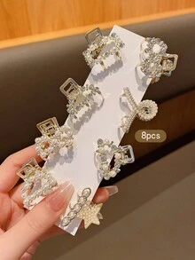 8pcs/Set Korean Style Rhinestone & Faux Pearl Metal Hair Clips - Multicolor - View 7