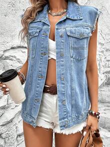 Casual Denim Vest Jacket, Versatile For Spring/Summer Daily Wear, School, Party, Travel, Airport - Blue - View 1