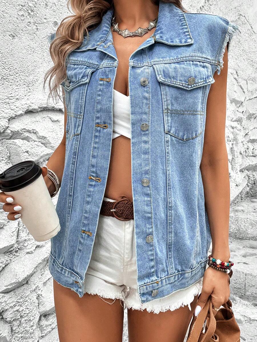 Casual Denim Vest Jacket, Versatile For Spring/Summer Daily Wear, School, Party, Travel, Airport - Blue - View 1