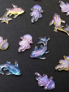 30/50/100 件迷你蓝色海洋动物饰品套装，适用于美甲 - Aurora 可爱卡哇伊树脂鱼和水母海豚平底水钻，DIY 夏季美甲装饰，剪贴簿和家居装饰工艺配件 - 无香美甲用品美甲宝石