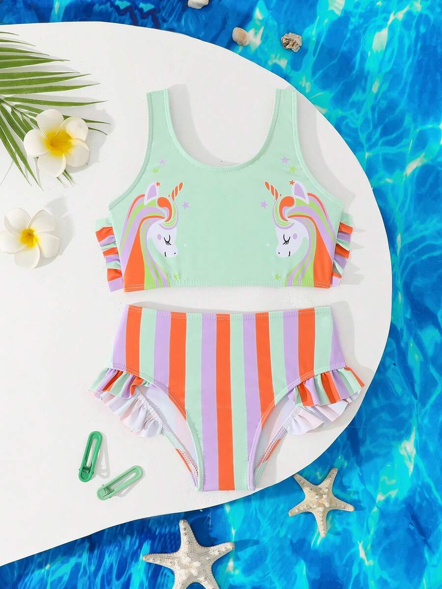 2枚セット ユニコーン トリコロールストライプ プリント水着アウトドアスポーツ&バカンス衣装、春夏