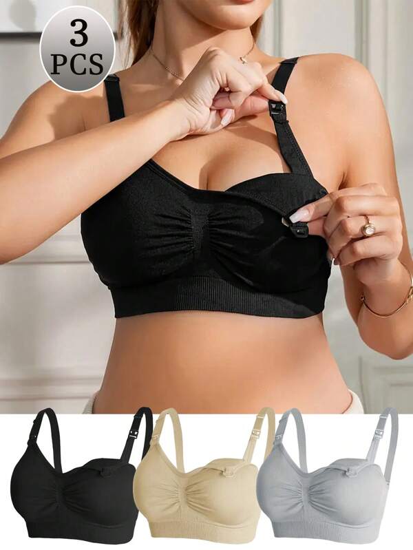 3pcs Women's Solid Color Thin Comfortable Gathered Unrestrained Open-Front Nursing Bra