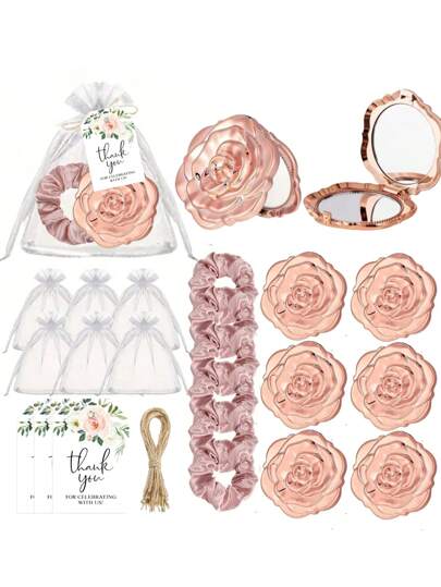 40/30/20/15/5pcs Rose Gold Rose Flip Mirror Wedding Guest Return Gift Set, Bridal Shower Gift Set, Bride Bridesmaid Gift, With Satin Retractable Hairband, Floral Thank You Card, White Transparent Organza Drawstring Bag, Wedding Guest Seat Decoration Gift, Wedding Souvenir Set, Bachelorette Party Gift Set, Birthday Party Party Gift, For Wedding, Bachelorette Party, Celebration Gift, Bridal Party Supplies