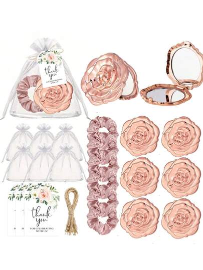 Juego de regalo de boda de 40/30/20/15/5 piezas en color rosa dorado con espejo reversible, con diadema de satén retráctil, tarjeta de agradecimiento con flores, bolsa de organza blanca transparente, decoración de asiento de invitado de boda, conjunto de recuerdos de boda, regalo de despedida de soltera, regalo de fiesta de cumpleaños, para boda, despedida de soltera, celebración, suministros para la fiesta nupcial