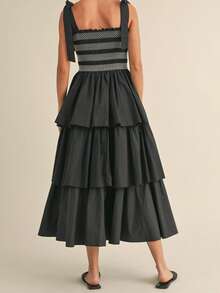Womens Tie Shoulder Dress Summer Sleeveless Smocked Bust Tiered Ruffle Dress Long Flowy Dress - Black - View 4