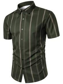 Men's Summer Lightweight Business Casual Geometric Striped Polo Shirt, Green - Army Green - View 3