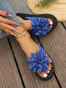 Women's Fashionable, Comfortable And Lightweight Floral Thong Sandals, Casual Beach Slippers - Blue - View 6