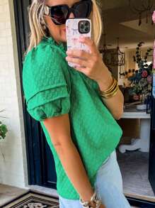 ELVA Damen Lässig Einfache Rückkehr zur Schule Kleidung Einfarbige Textur Kerbe Ausschnitt Puffärmel Bluse Rückkehr zur Schule Kleidung