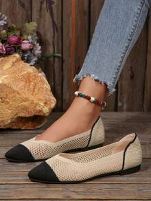 1 Pair Women Casual Knit Flat Shoes, Colorblock Pointed Toe Slip-On, Breathable Fabric, With Breathable Insole And Durable Plastic Sole, Suitable For All Seasons