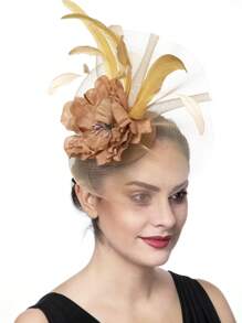 1pc Halloween Costumes Women's Organza Fascinator Hat Church Kentucky Derby British Flower Feather Fascinator Bridal Tea Party Accessories Hat Gold Halloween Accessories, Tiny Hats, Mini Cap, Wedding Items