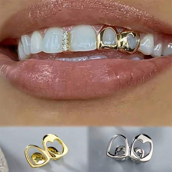 1pc Gold-Color Hollow Tooth Grillz, Featuring Double Hollow Heart Shape Hip Hop Teeth Decor, Suitable For Women, Great For Music Festivals And Parties