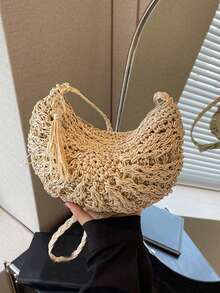 Yogodlns 女士半圆形草编包，夏季沙滩藤编单肩包，拉链编织斜挎包，波西米亚风度假夏季手工编织沙滩包带流苏，钩针镂空旅行手提腋下包 - 米色 - 查看 4