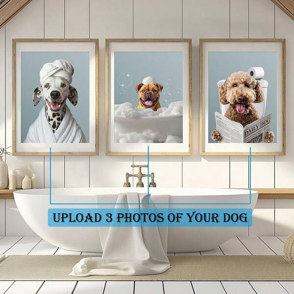 3 szt./zestaw spersonalizowanych portretów zwierząt, bezramkowa spersonalizowana sztuka ścienna na płótnie, sztuka łazienkowa dla psów, zabawny plakat łazienkowy, pies w toalecie, pies czytający gazetę na toalecie, prezent dla właściciela zwierzęcia, idealny prezent dla rodziny, przyjaciół, zwierząt domowych