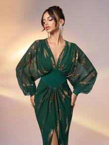 YISIKADO 女士优雅长袖正式晚礼服，亮片灯笼袖长款连衣裙，修身腰部高开衩，适合舞会、晚宴、婚礼宾客、毕业典礼、宴会、音乐会、庆典等场合。 - 墨綠色 - 查看 7