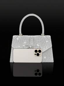 Shiny And Elegant Mini Bow Women's Evening Bag, With Sparkling Rhinestone Jewelry Three Pieces Set,Simple And Fashionable Solid Color Pleated Flap Handbag, Suitable For Holiday Parties, Dances, Gatherings, Banquets, Weddings.It Is The Best Gift For The New Year. - Silver - View 7