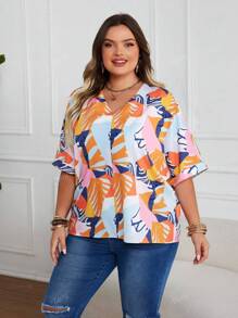 Plus Size Women V-Neck Printed Short Sleeve Tops, Casual Summer Holiday Wear