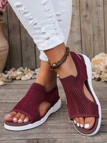 大码女式休闲简约运动一脚蹬凉鞋，轻便舒适透气网眼百搭运动鞋 - 酒紅色 - 查看 5