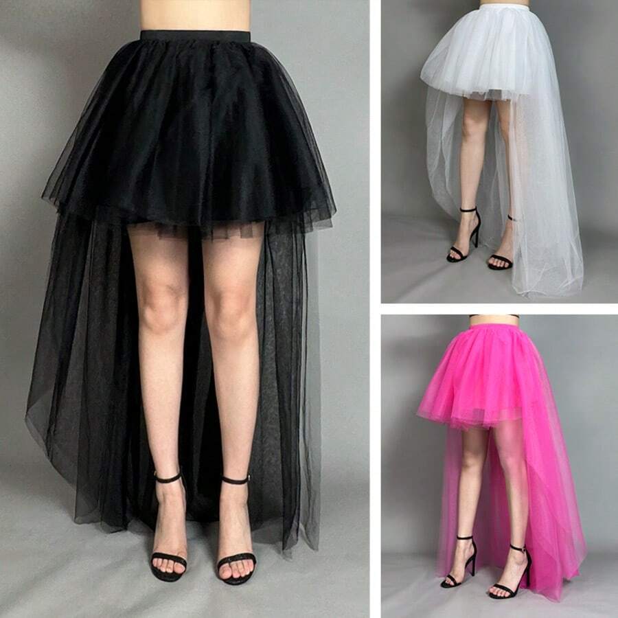 1件性感不对称薄纱蓬蓬裙，白色/黑色，前短后长蓬蓬裙，适合派对/节日/情人节配饰