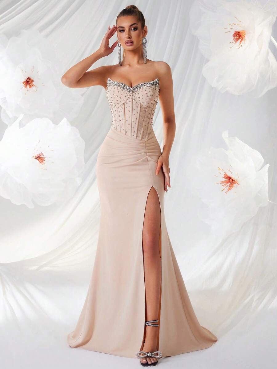 ADYCE Women's Elegant V-Neck Rhinestone Pearl Decor High Waist Slit Backless Maxi Party Dress, Suitable For Ball, Birthday Party, Formal Dinner, Date, Homecoming, Wedding Guest, Formal Gala, Family Gathering And Other Occasions - Apricot - View 1