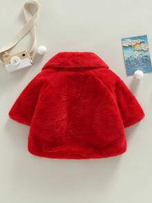 Ropa de invierno para niña, abrigo de piel de color liso con solapa ancha y mangas largas de murciélago, capa con decoración de perlas - Rojo - Ver 3