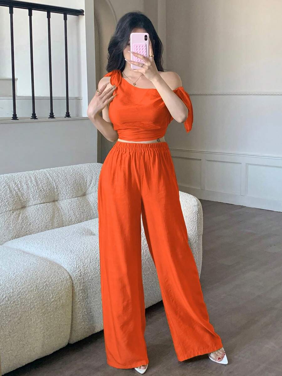 abyoxi 两件套：橙色性感不对称领口系带腰身极简上衣和阔腿裤，休闲套装，适合通勤、度假、海滩、春夏穿着。 - 橘色 - 查看 1