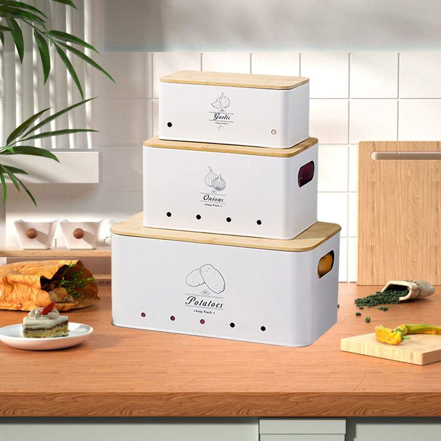 ERUIV Potato Storage Box [Set Of 3] - Kitchen Decoration - Ideal For Storing Onions, Potatoes And Garlic (White)